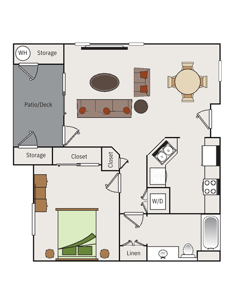 Floor plan for 1 bed, 1 bath, 689 sqft
